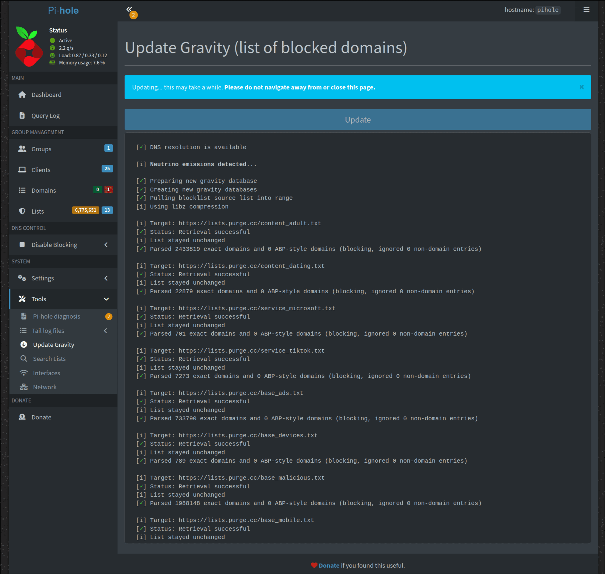 Pi-hole gravity update in progress