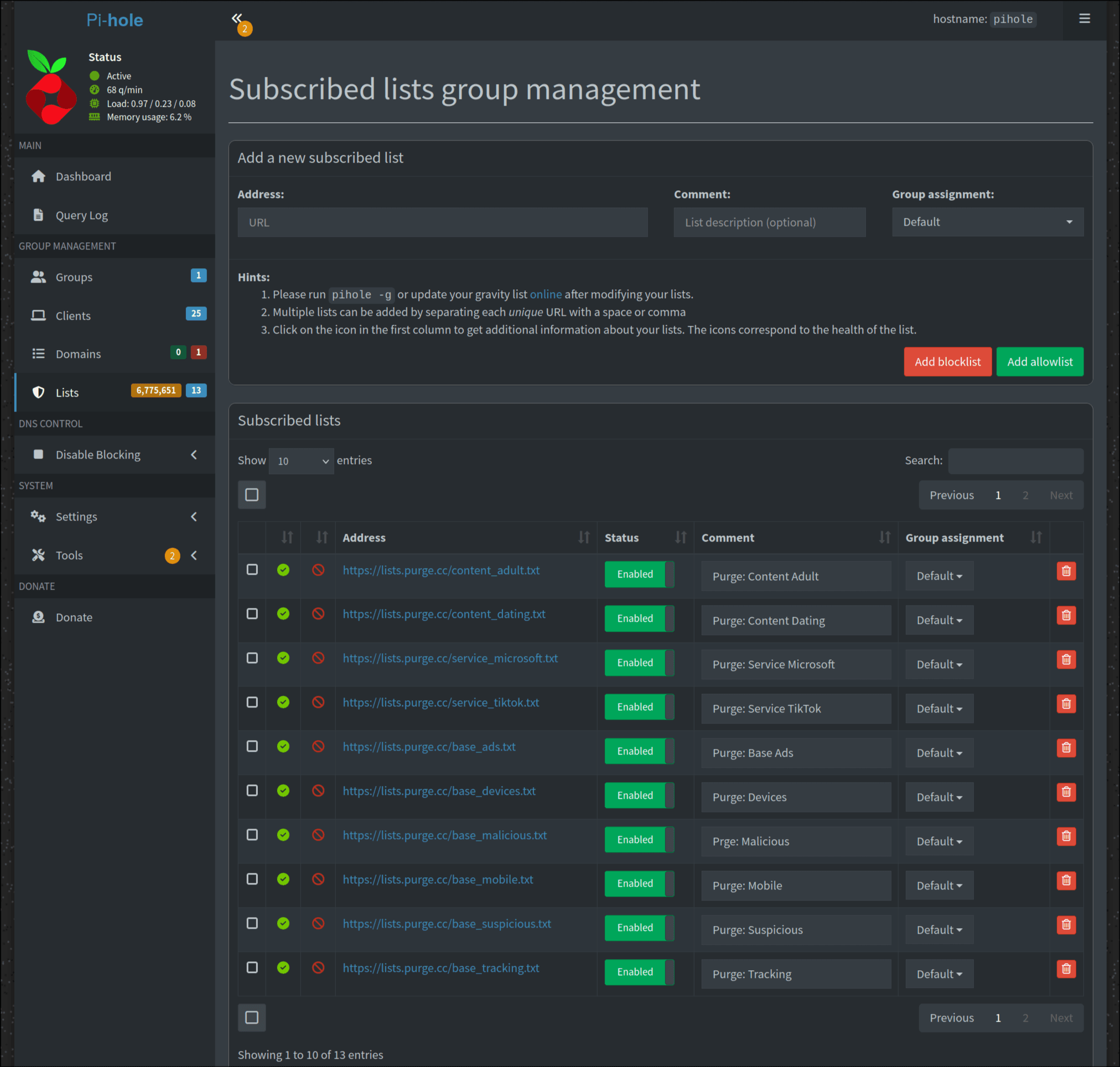 Pi-hole lists management page showing Purge.cc blocklists