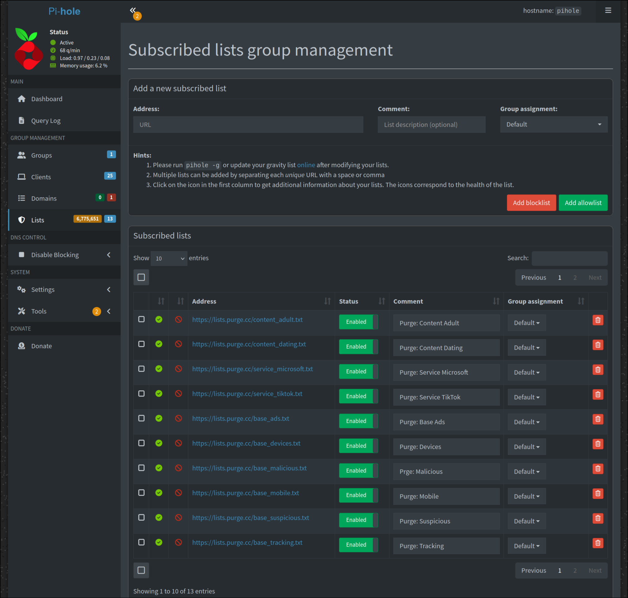Pi-hole lists management page showing Purge.cc blocklists